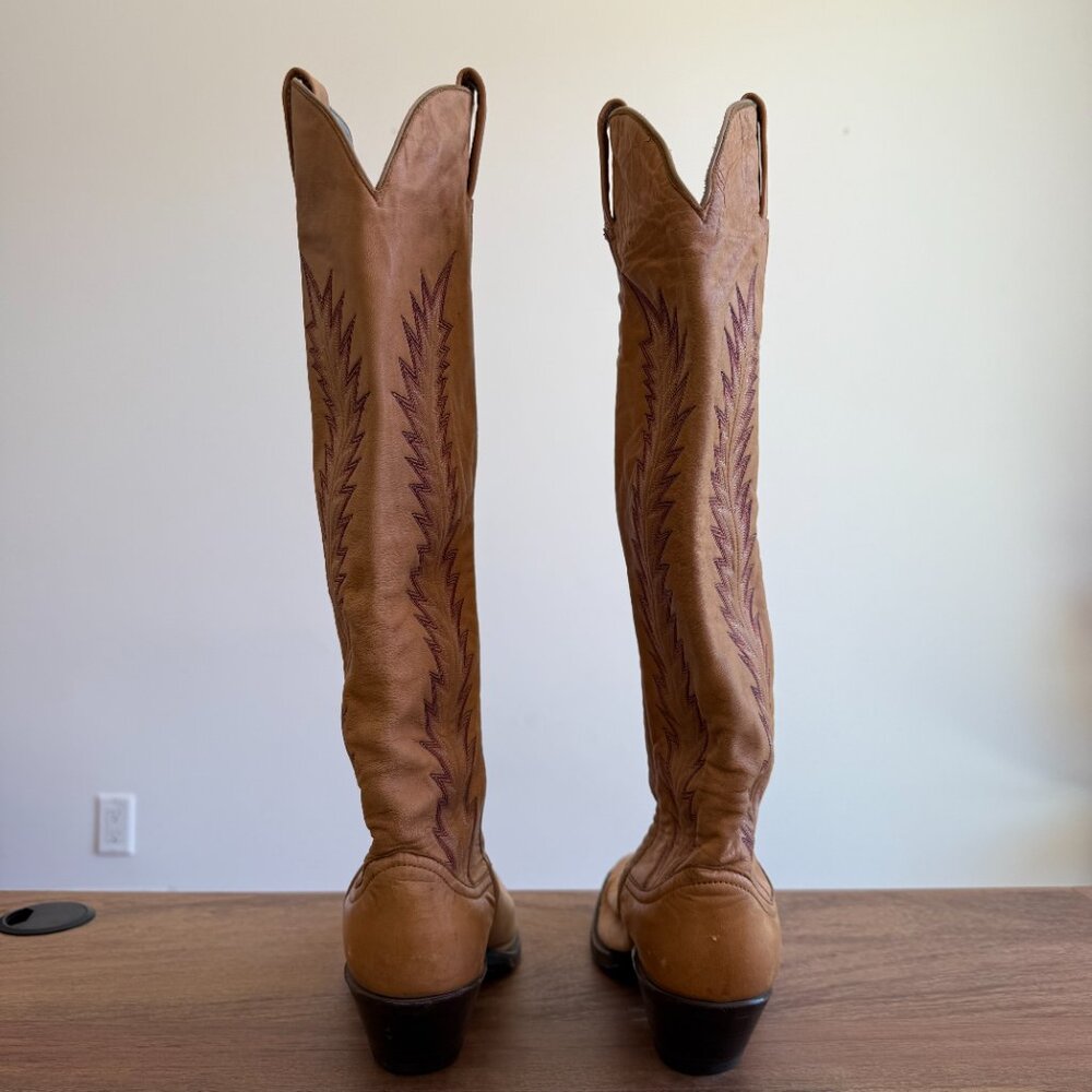 Larry Mahan Tan Leather Knee-High Western Heeled Boots with Brown Stitching - Picture 4 of 10
